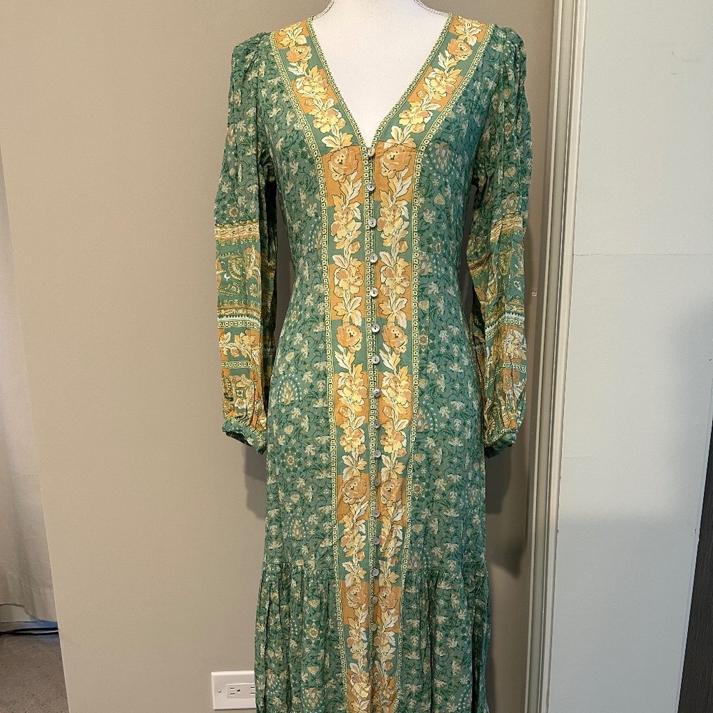 SPELL brand Green Patterned Maxi Dress with Belt